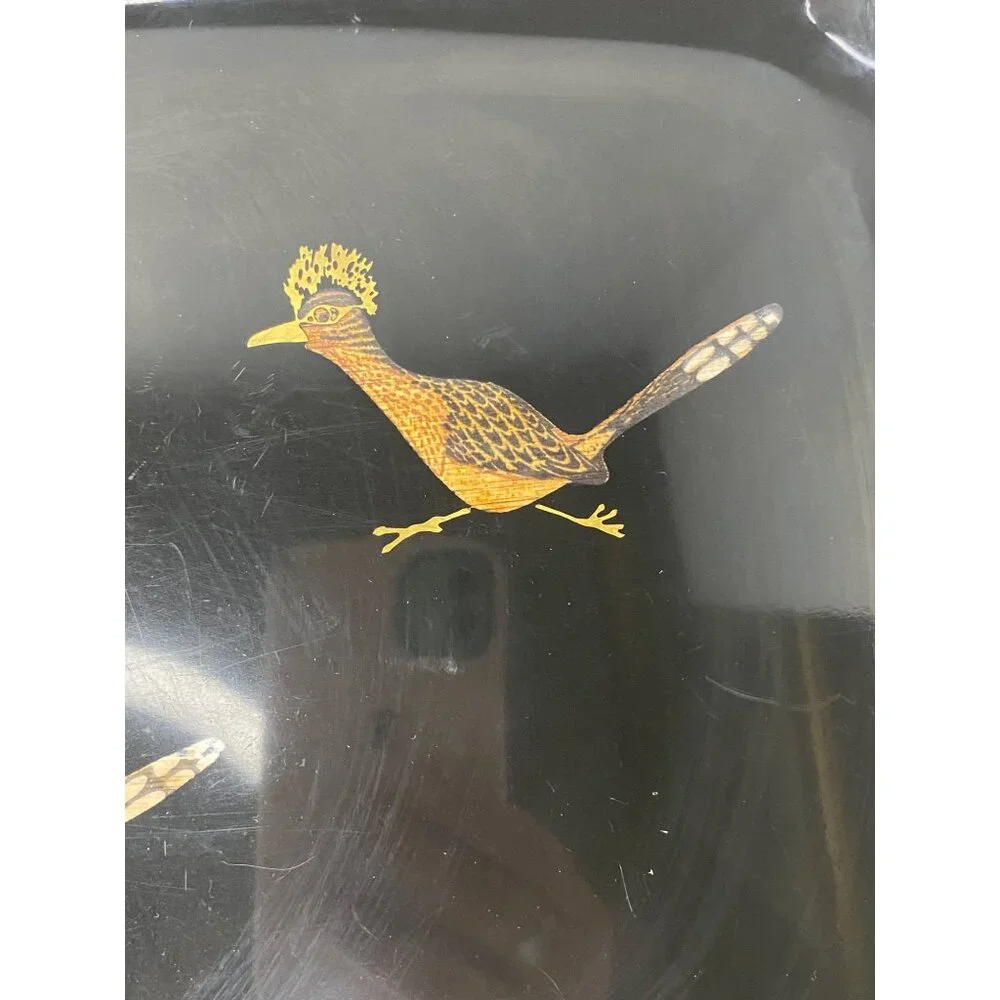 Couroc of Monterey black inlaid‎ serving tray roadrunners bar MCM retro vtg 70's